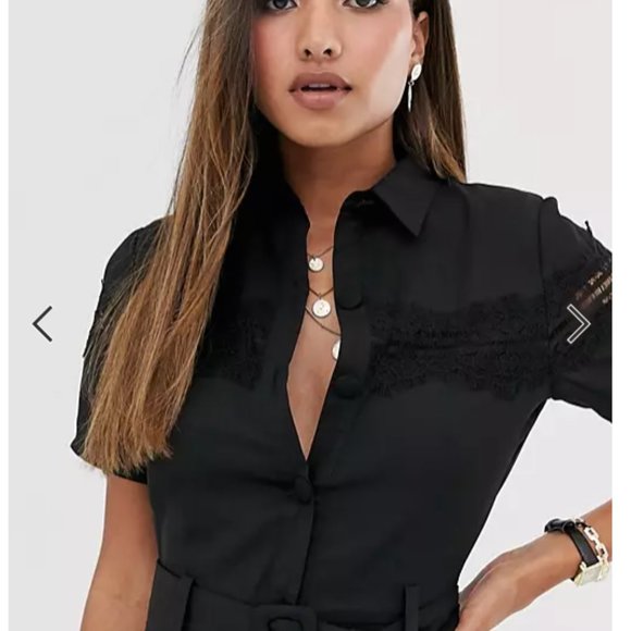 Fashion Union midi button down shirt dress with lace panel and belt - Picture 2 of 7